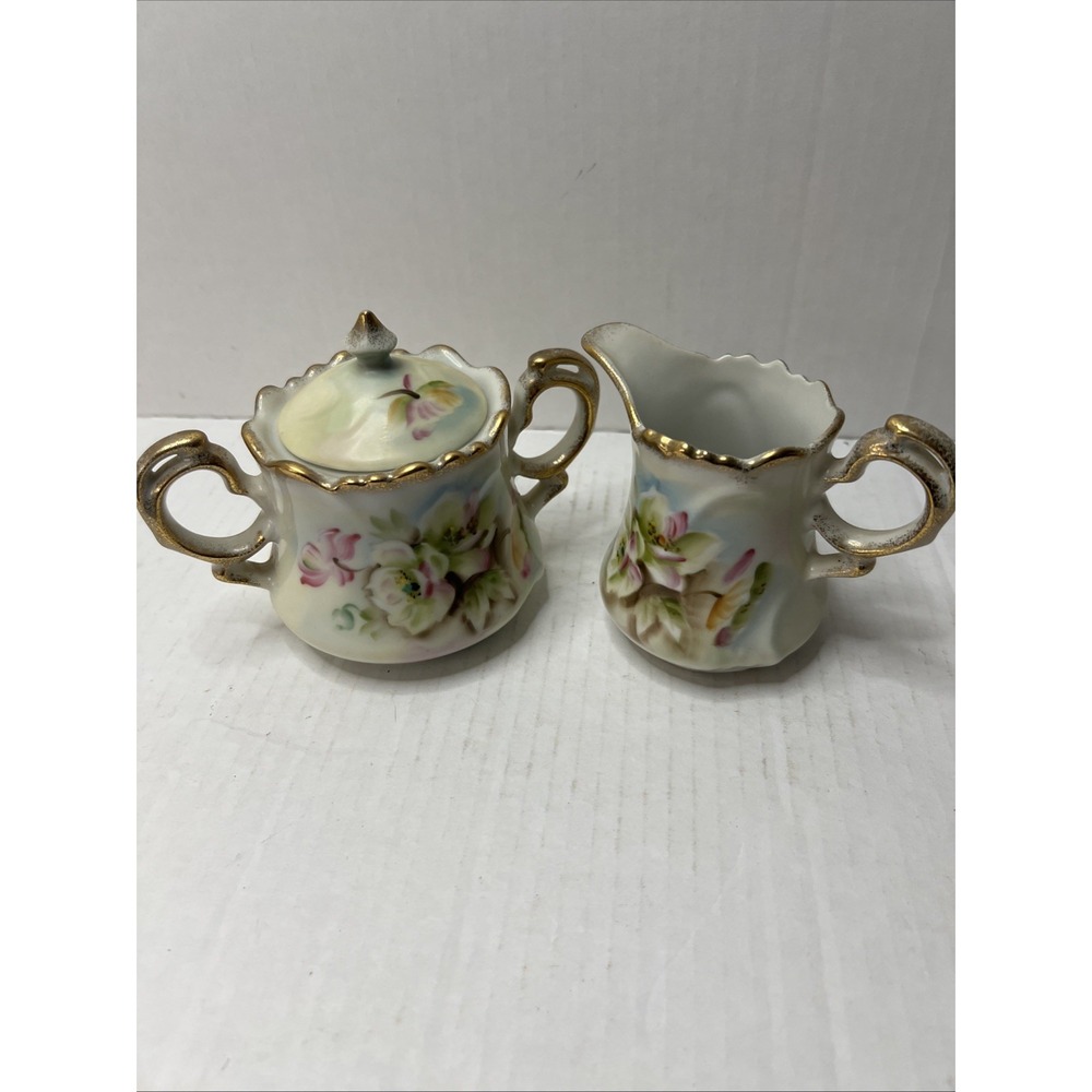 Vintage Lefton‎ China Porcelain Sugar Bowl & Creamer "To A Wild Rose" NE 2563